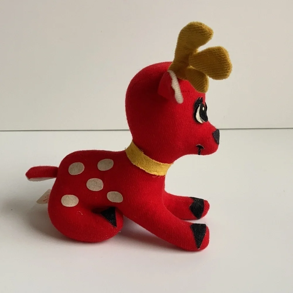 Vintage Fun World, Inc. Taiwan stuffed red reindeer white spots Christmas